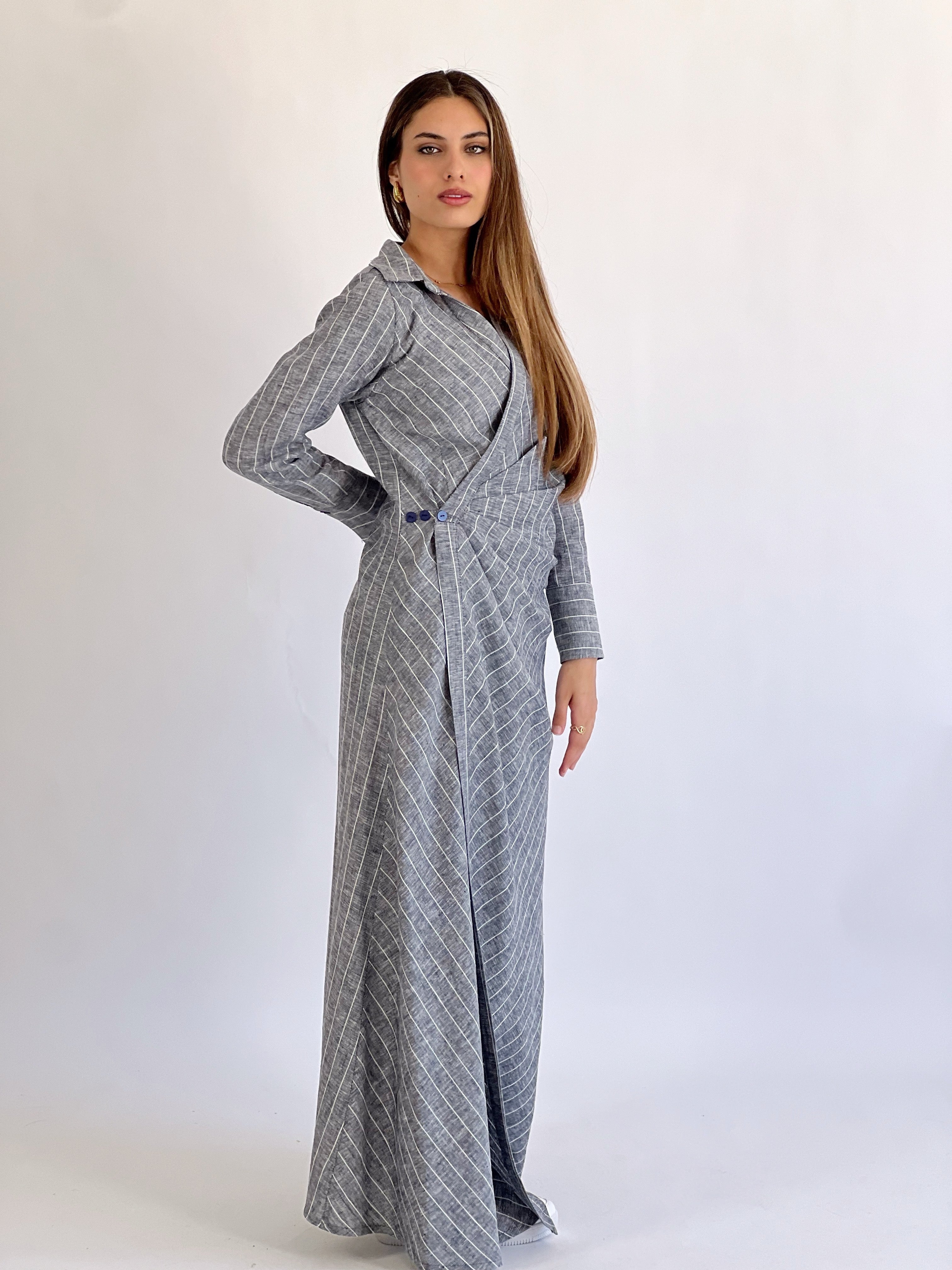 Wrap Drapes Linen Dress Navy