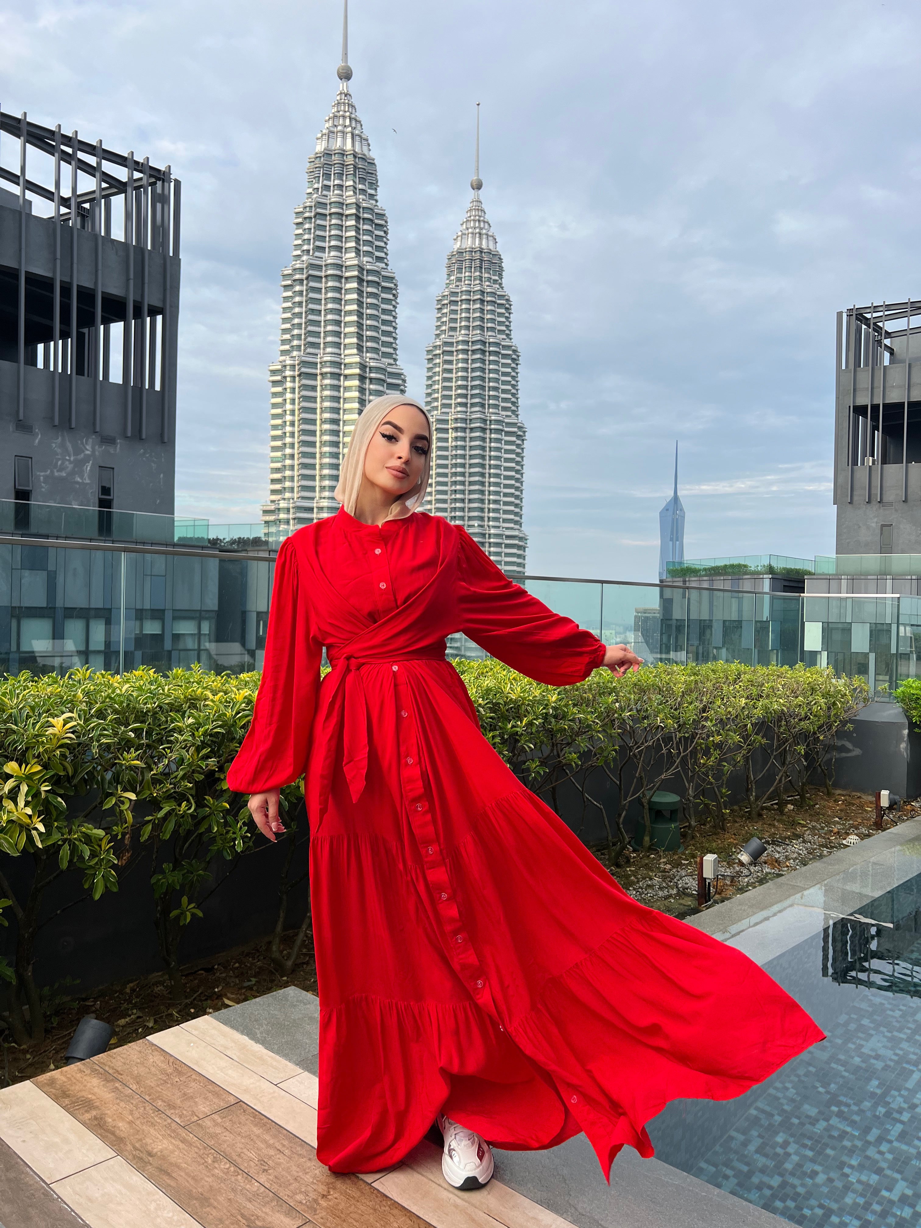 Layered Wrap Dress Cherry