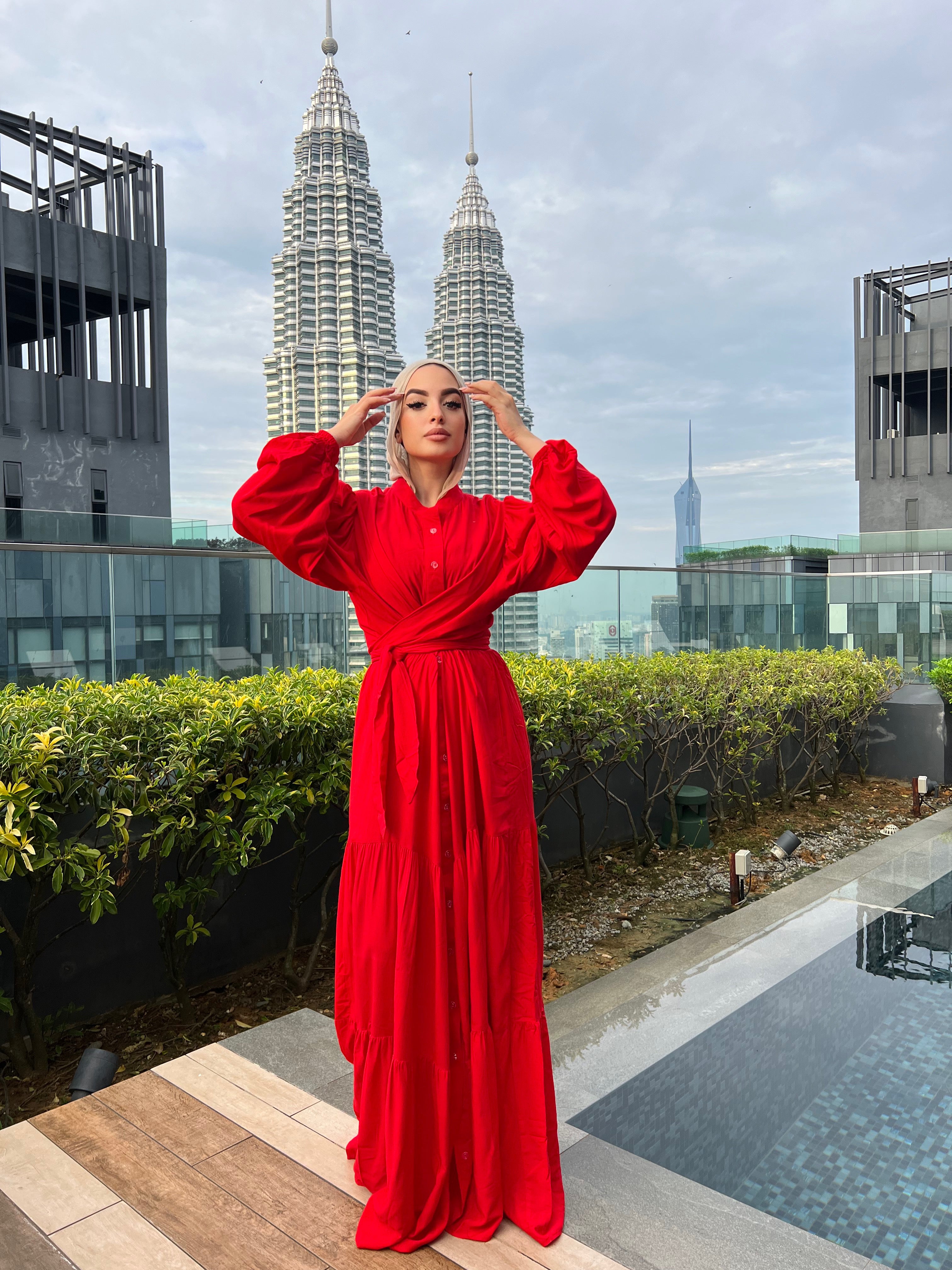 Layered Wrap Dress Cherry