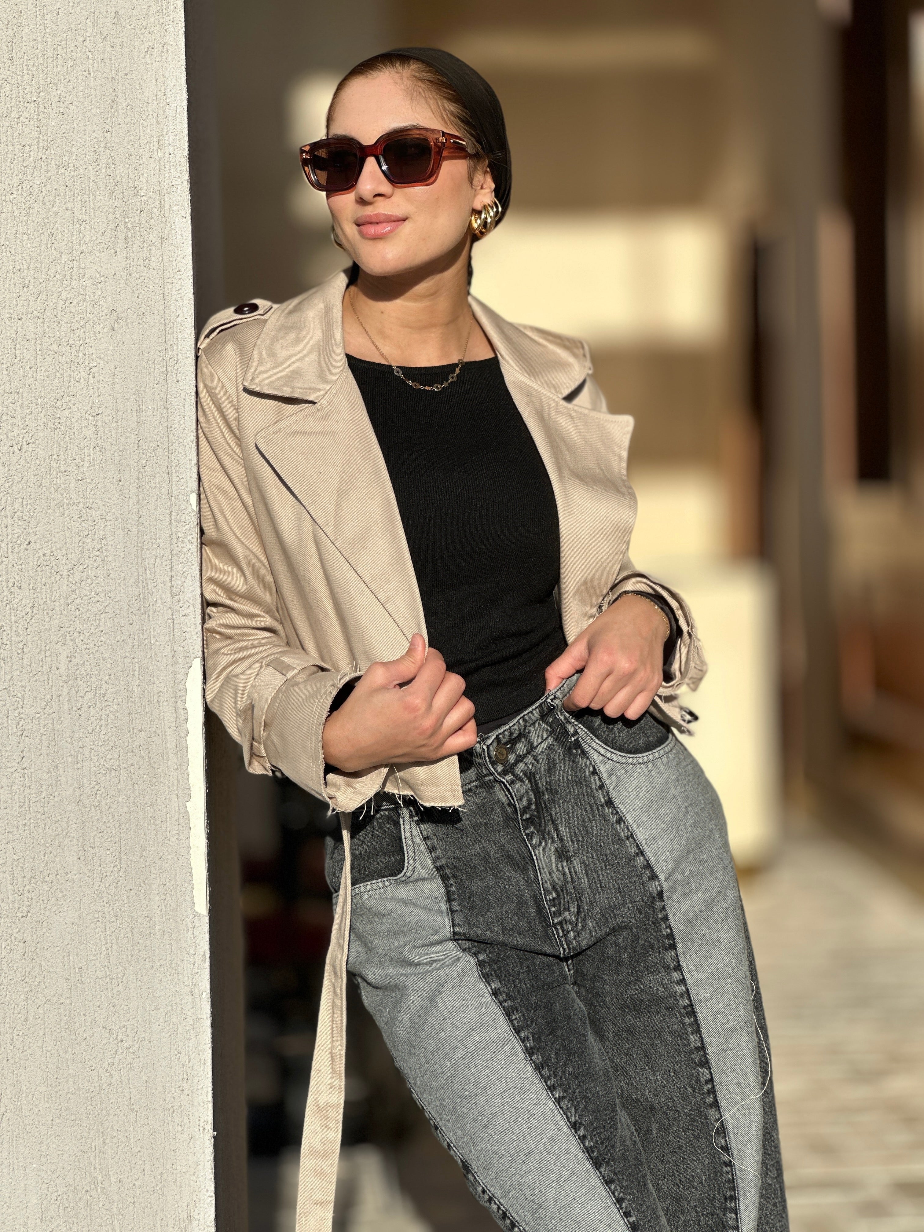 Raw Cropped Trench Beige