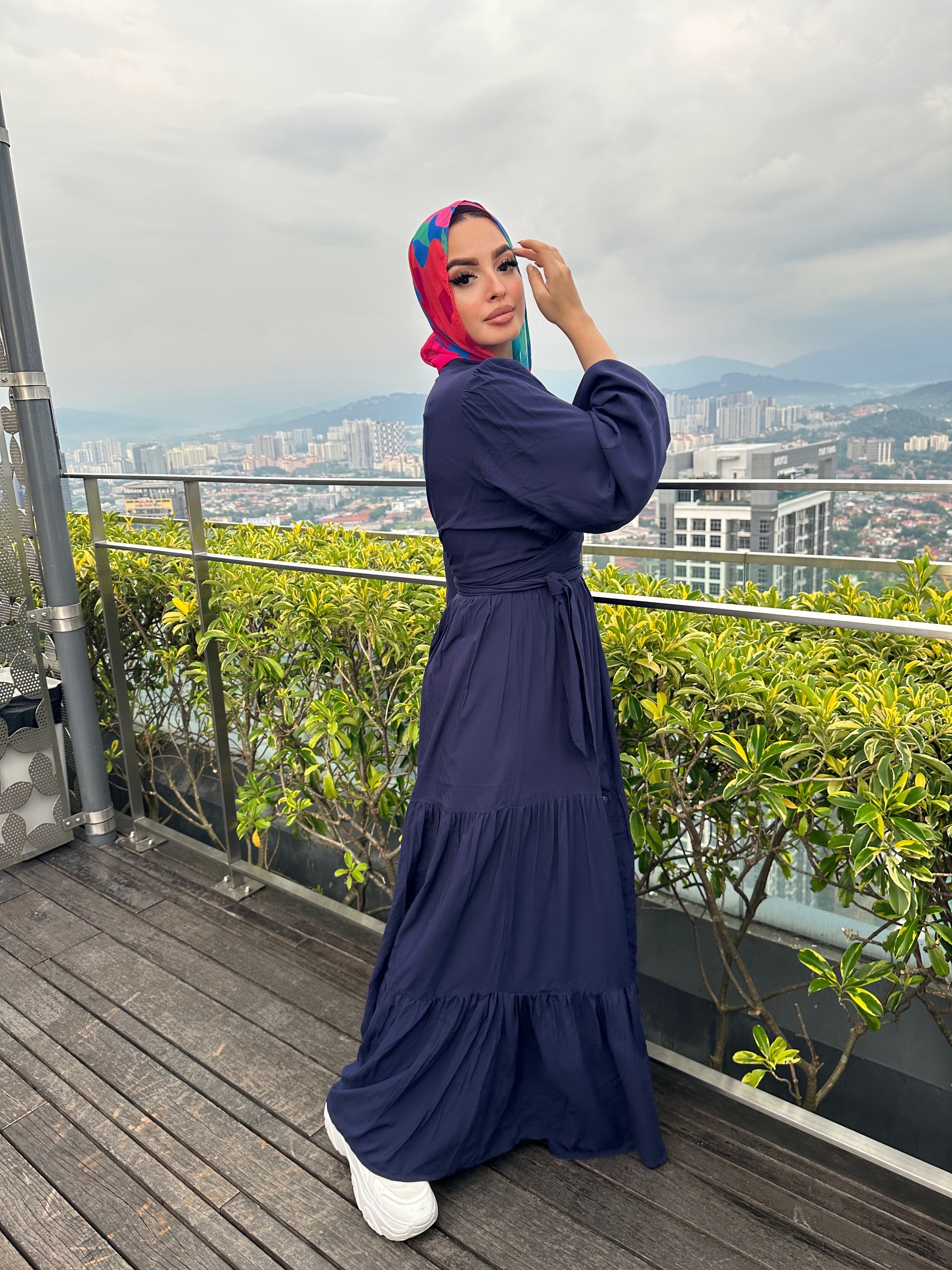 Layered Wrap Dress Navy Blue