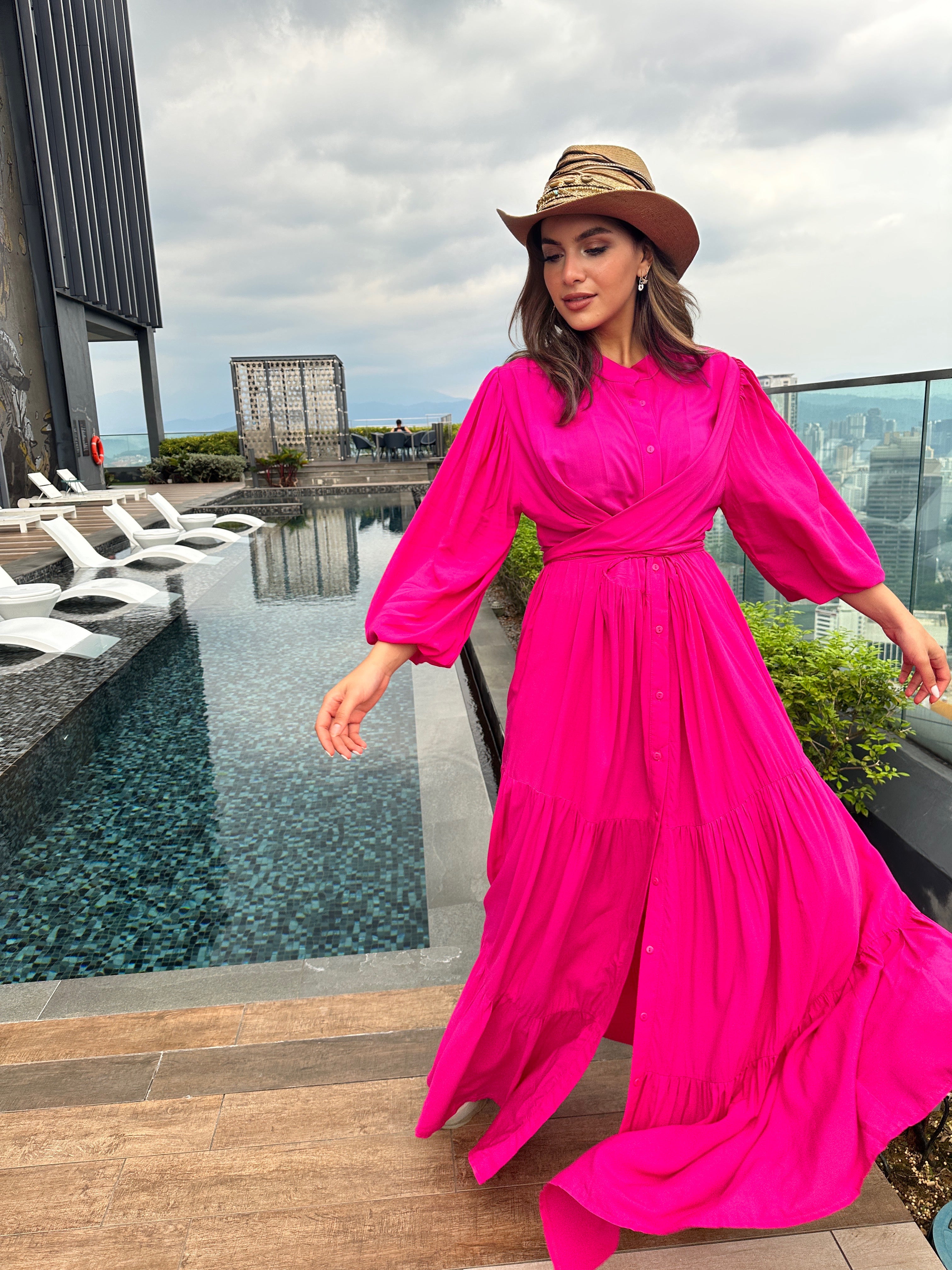 Layered Wrap Dress Fuchsia