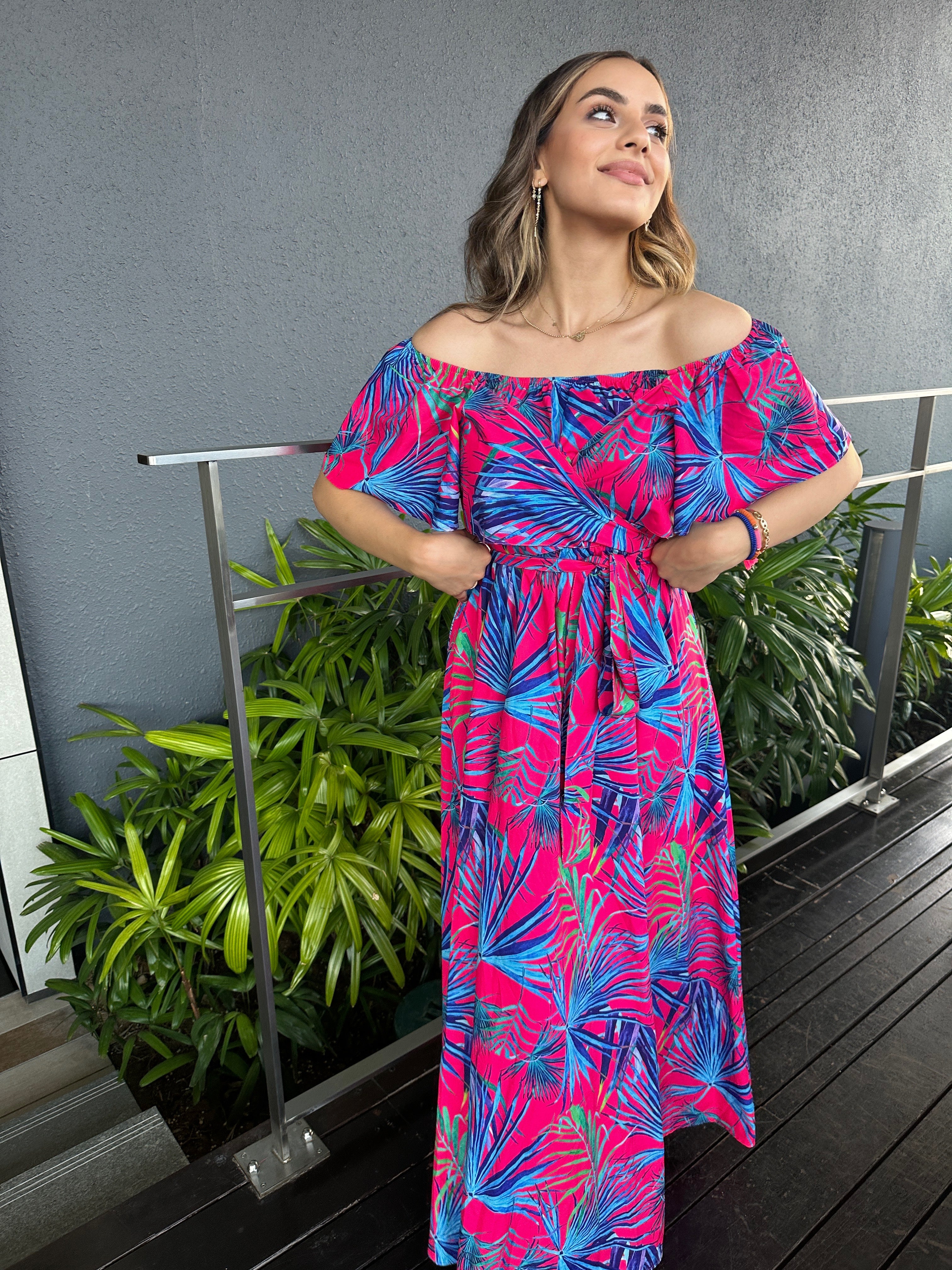 Long Split Dress Fuchsia Palms