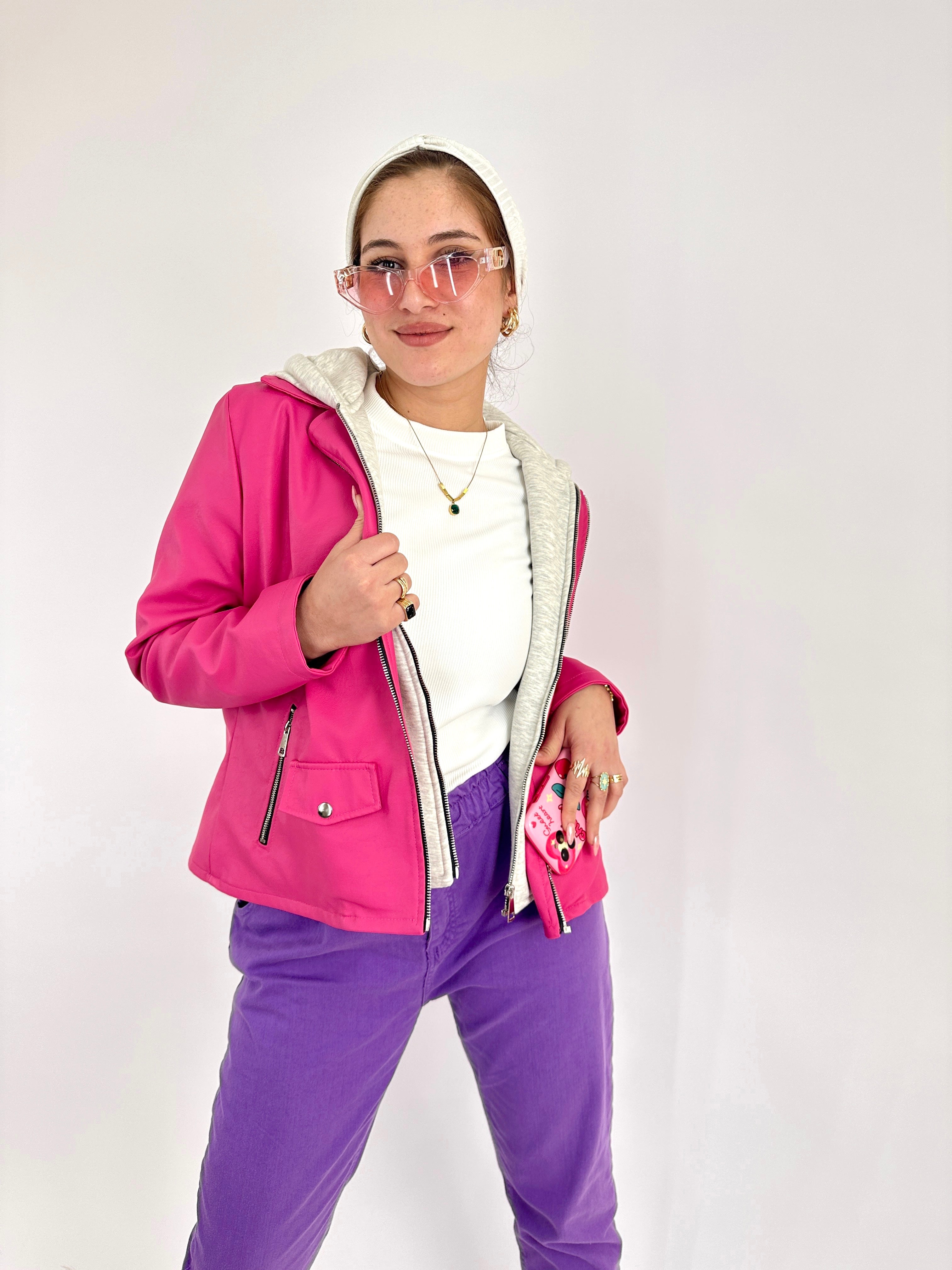 Hooded Leather Jacket Fuchsia