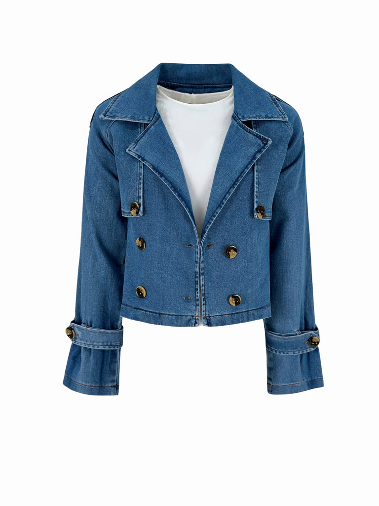 Cropped Denim Trench Coat True Blue