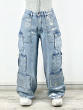 Sparkling Pockets Cargo Denim Pants