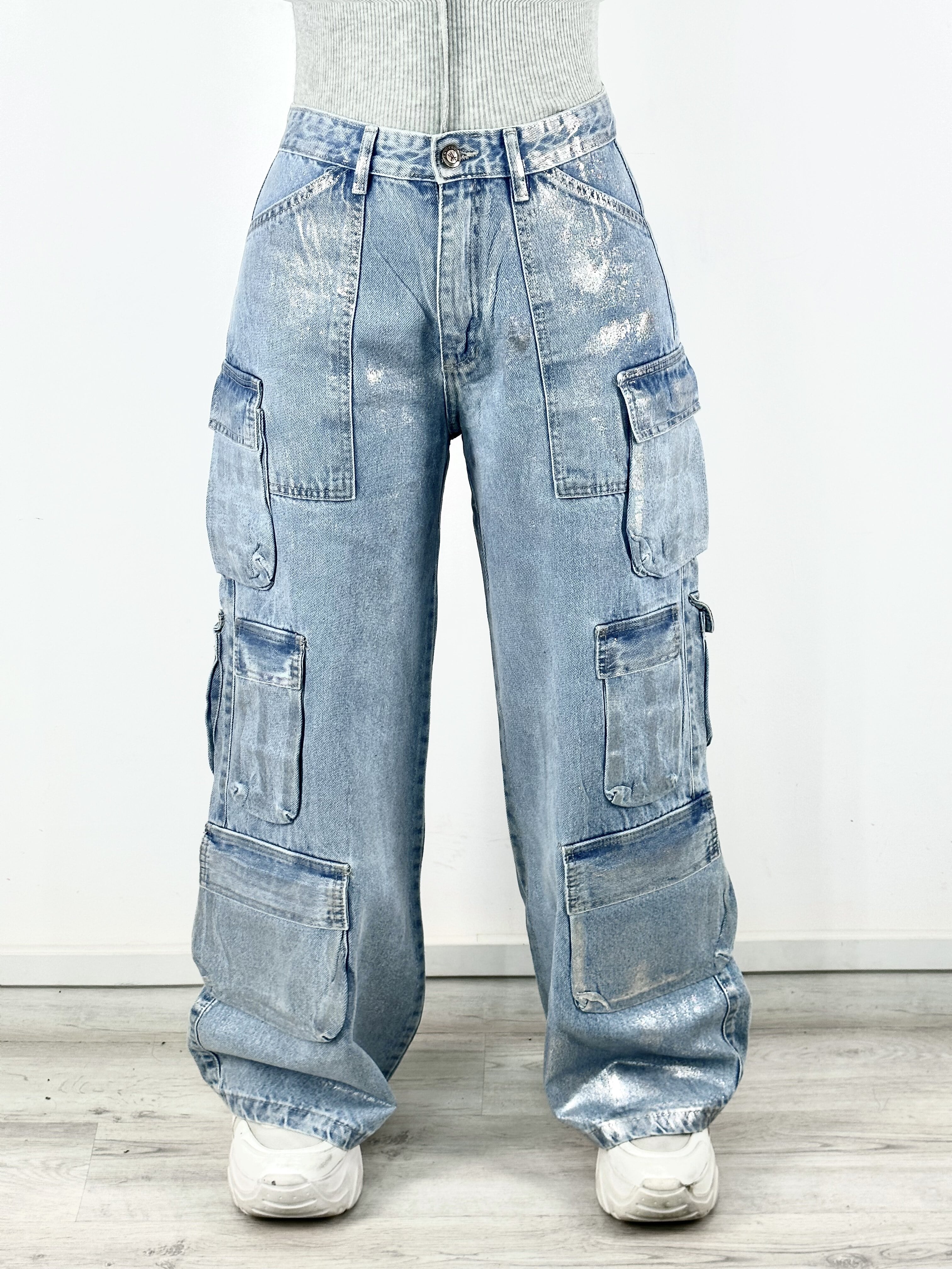 Sparkling Pockets Cargo Denim Pants