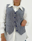 Strip Linen Vest Navy