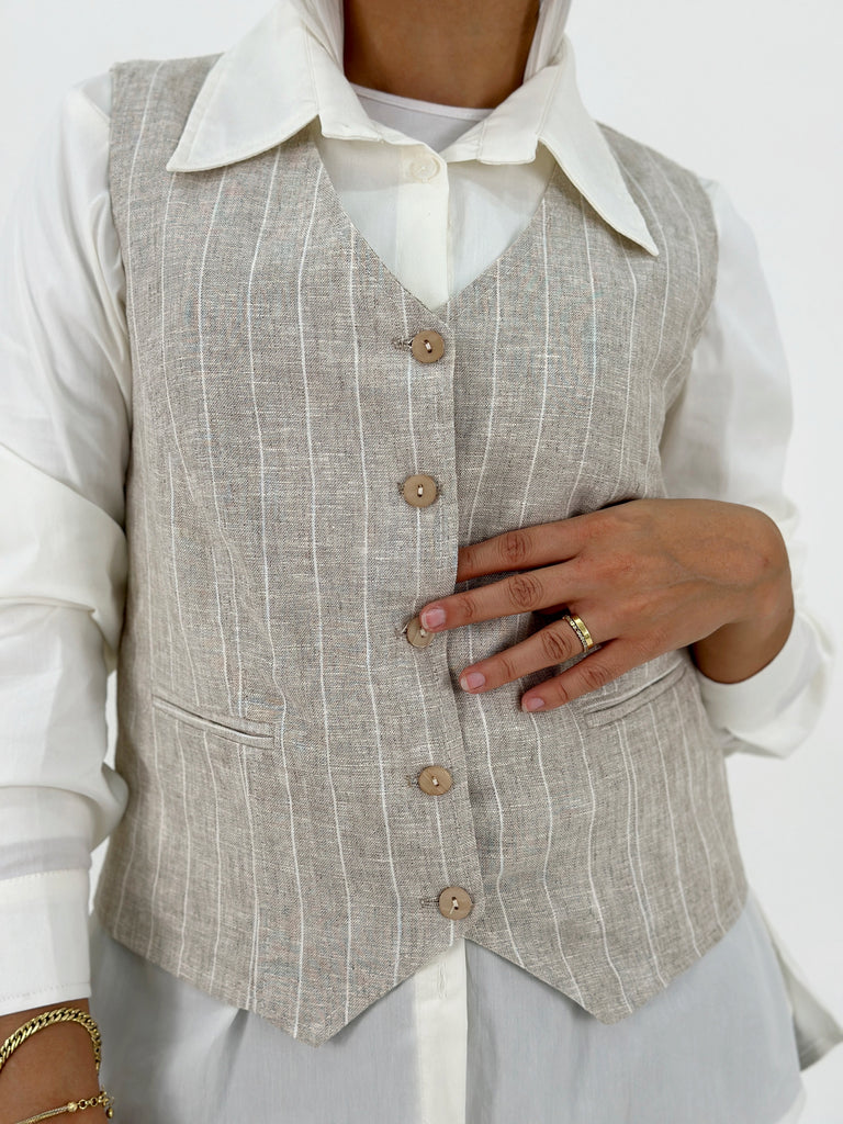 Strip Linen Vest Oatmeal