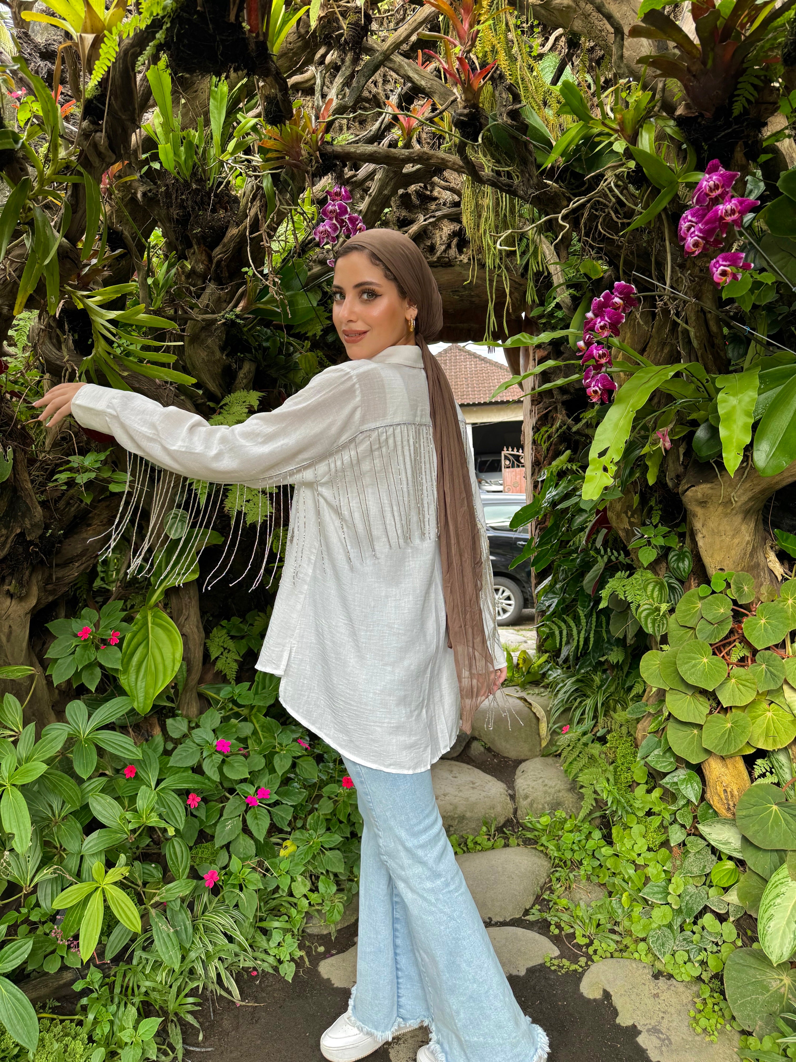 All Sparkling Fringe Linen Shirt Cream