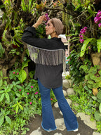 All Sparkling Fringe Linen Shirt Black