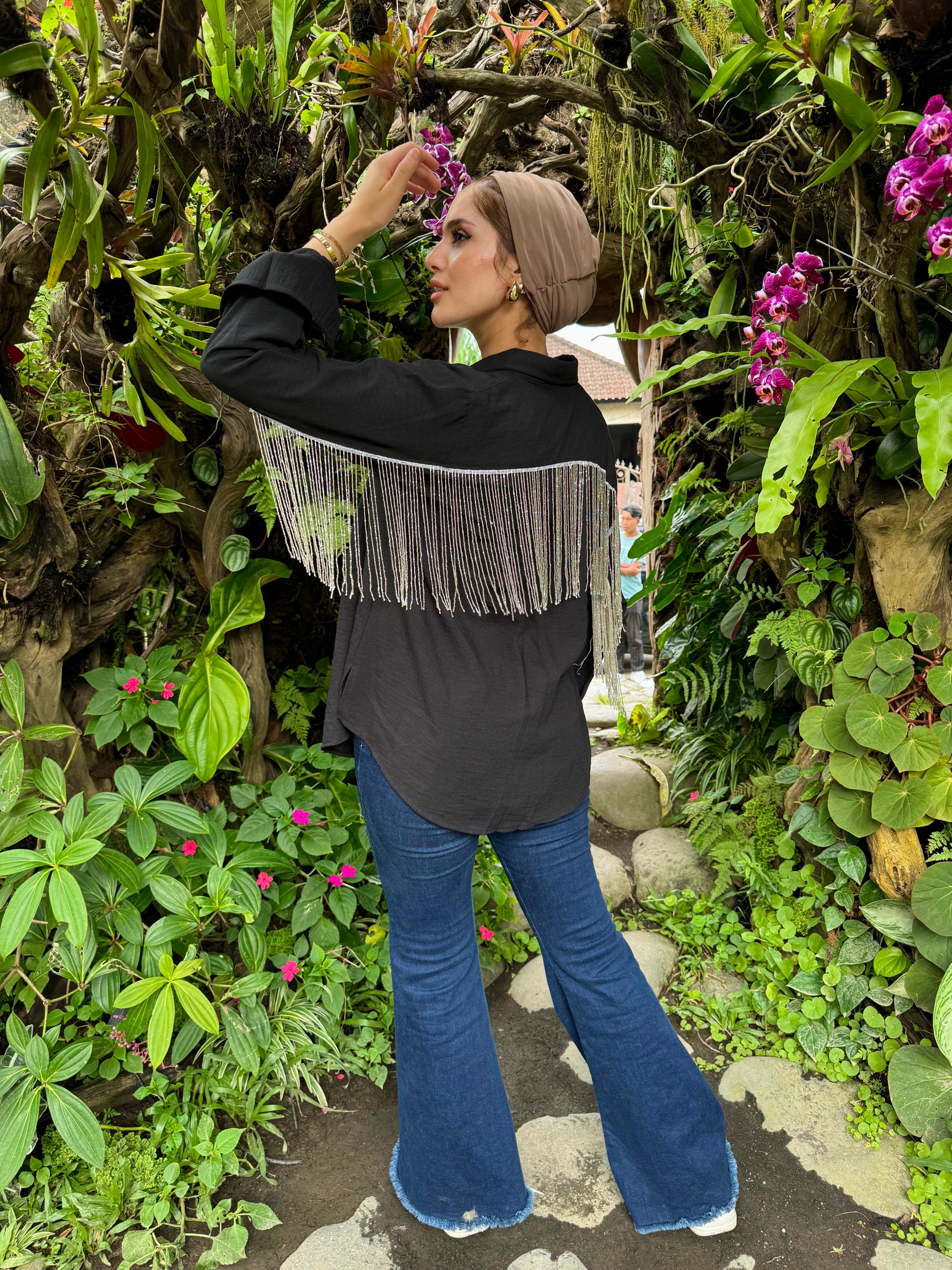 All Sparkling Fringe Linen Shirt Black