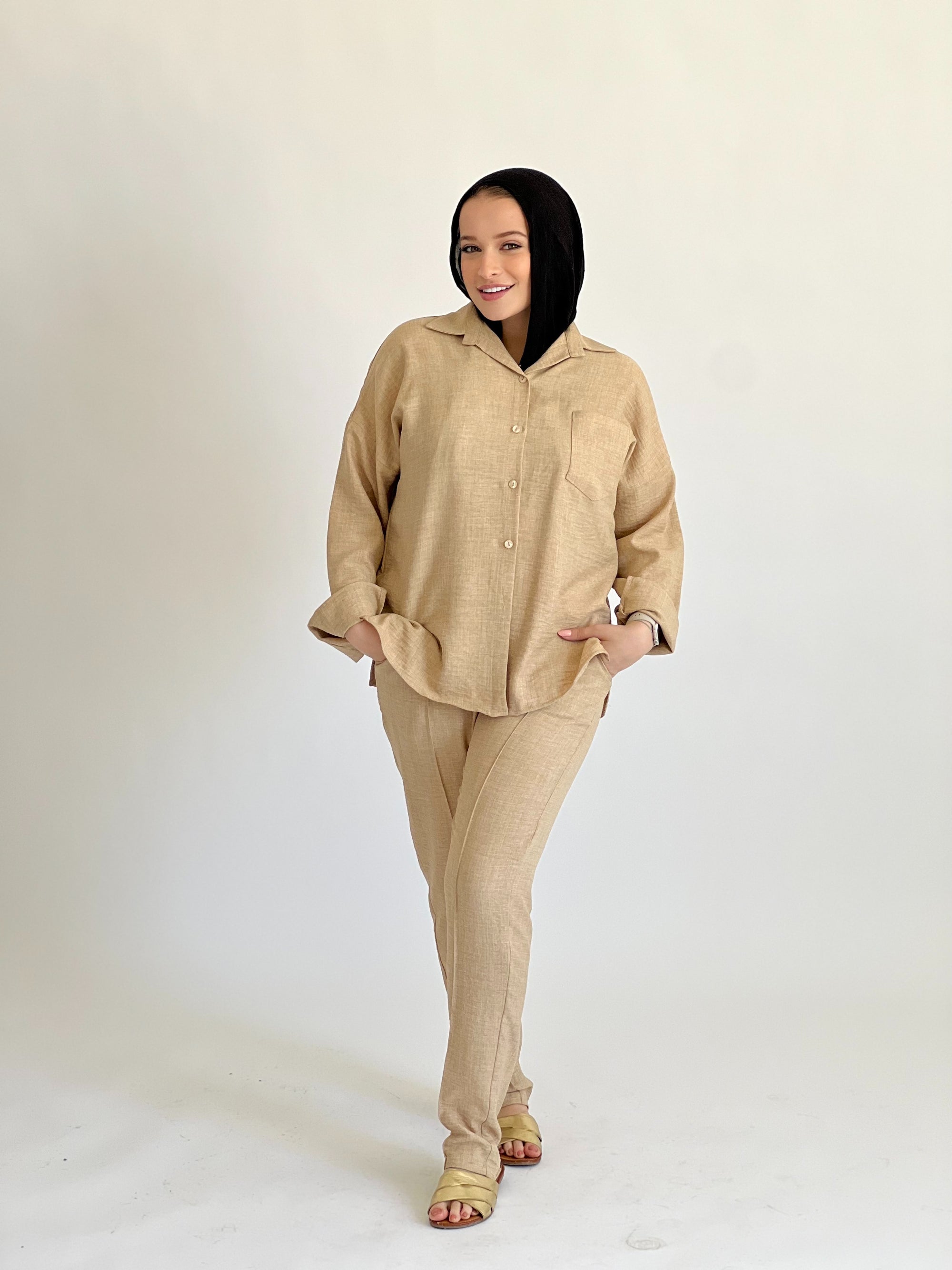 Glamy Everyday Lin Set Shirt Beige