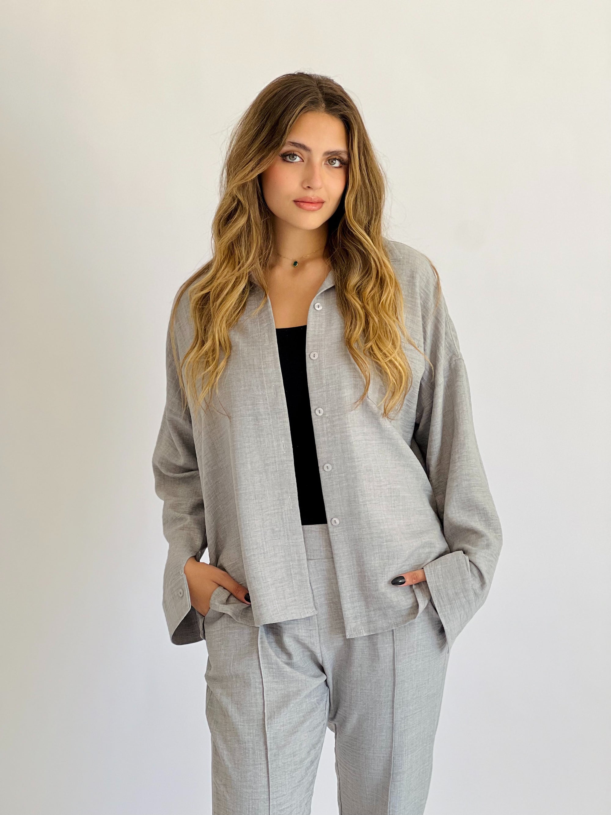 Glamy Everyday Lin Set Shirt Heather Grey