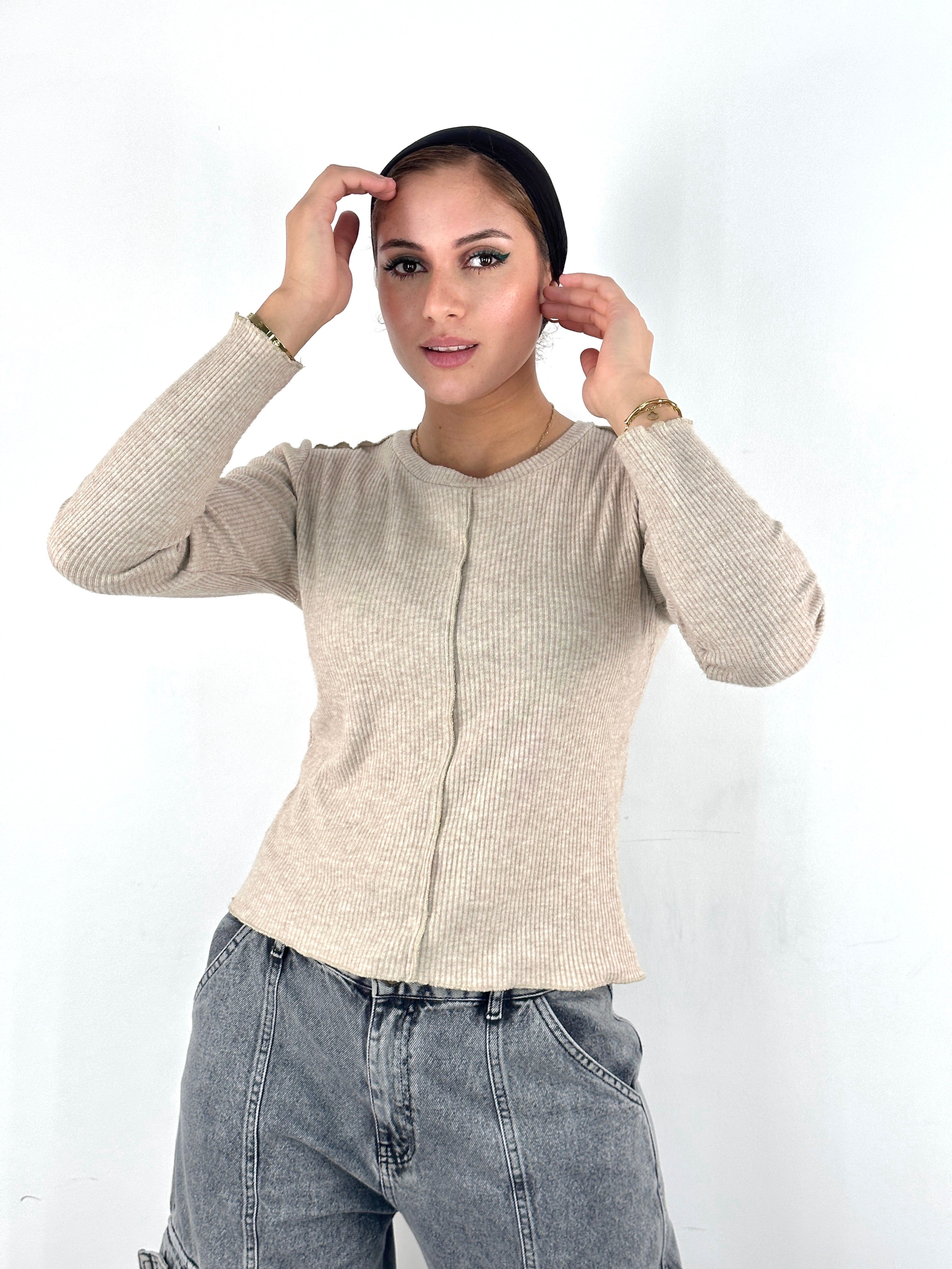Basic Raw Edges Knit Top Latte