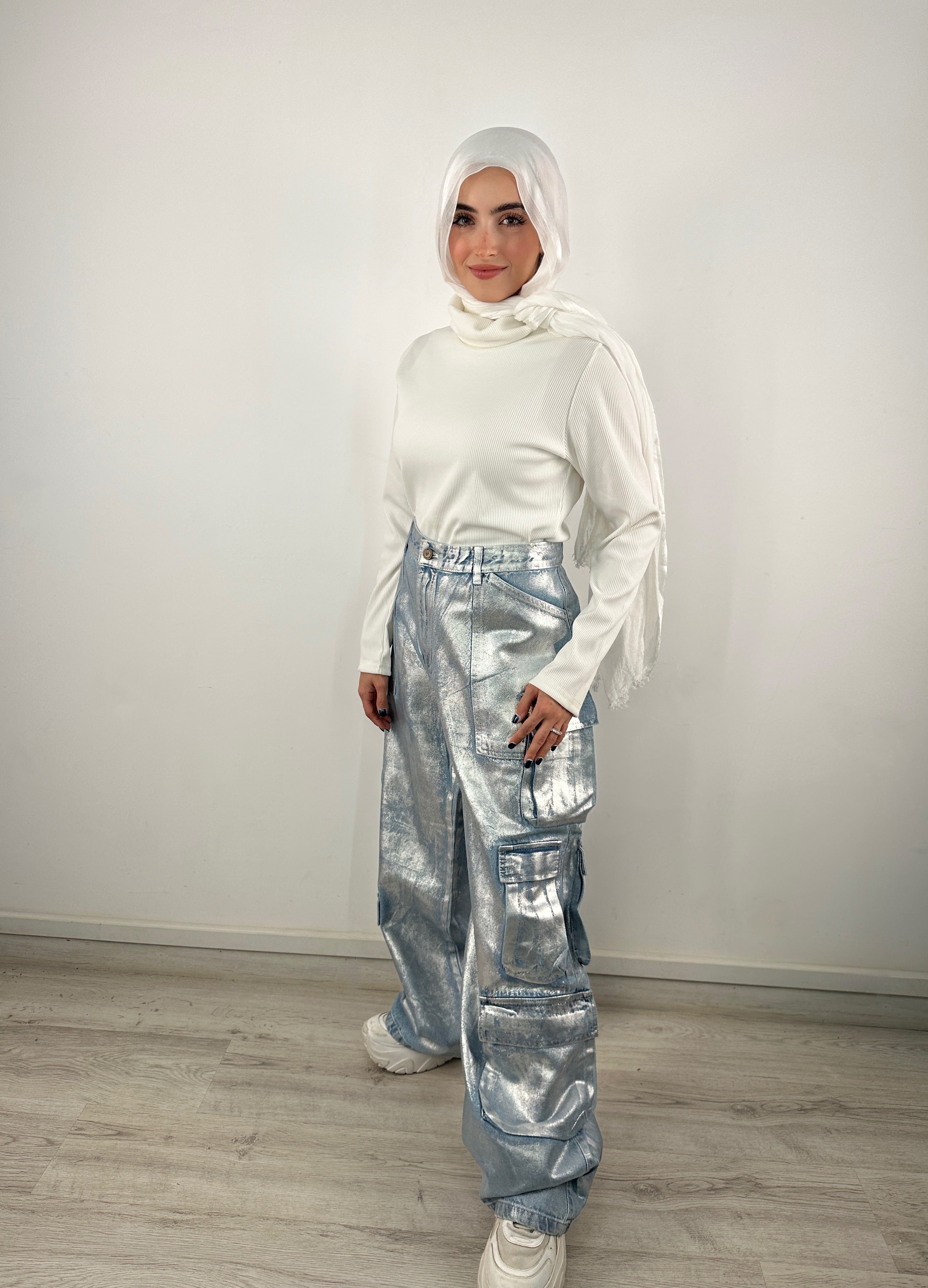 Sparkling Pockets Cargo Denim Pants