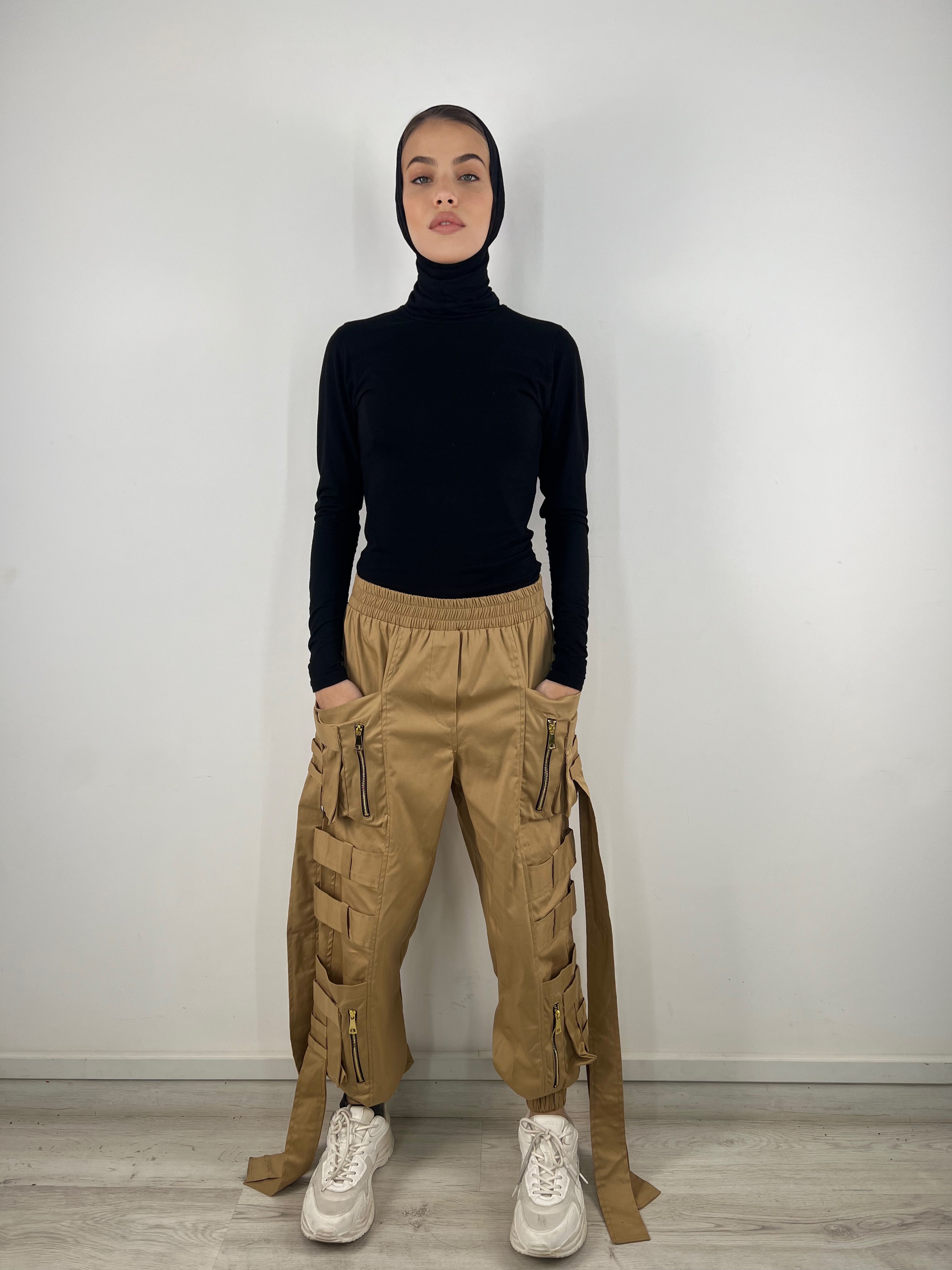 Pockets And Straps Joggers Camel