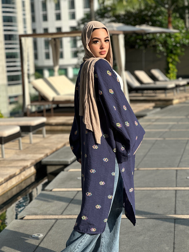 Embroidered Hex Kimono Navy
