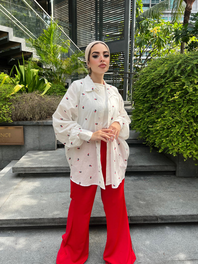 Embroidered Oversized Shirt Red Roses