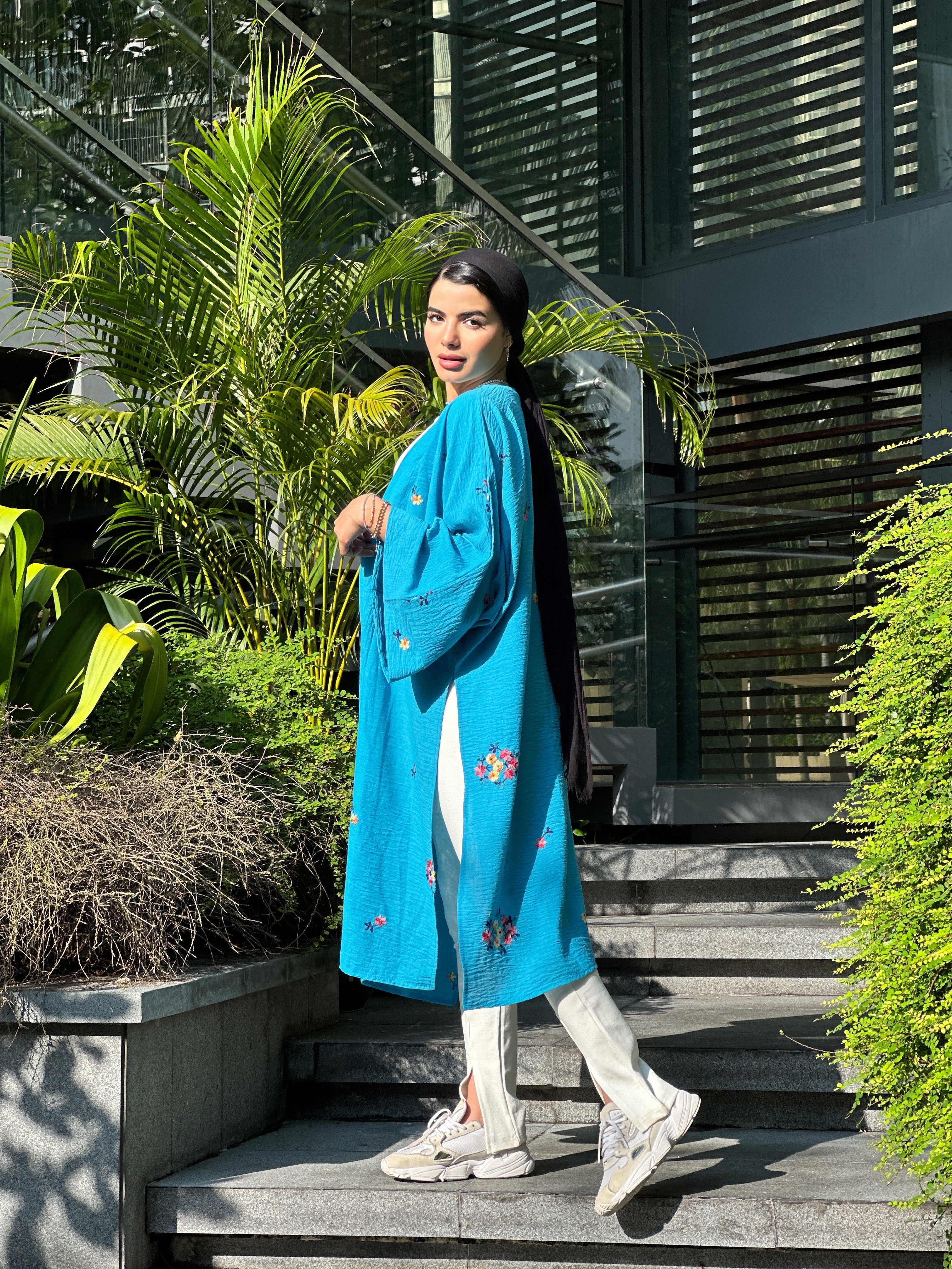 Floral Embroidered Kimono True Blue