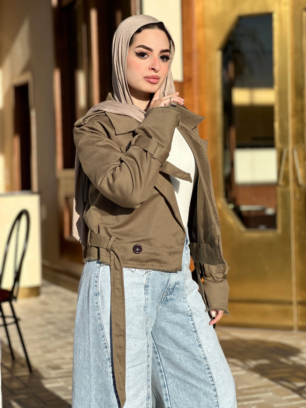 Raw Cropped Trench Olive