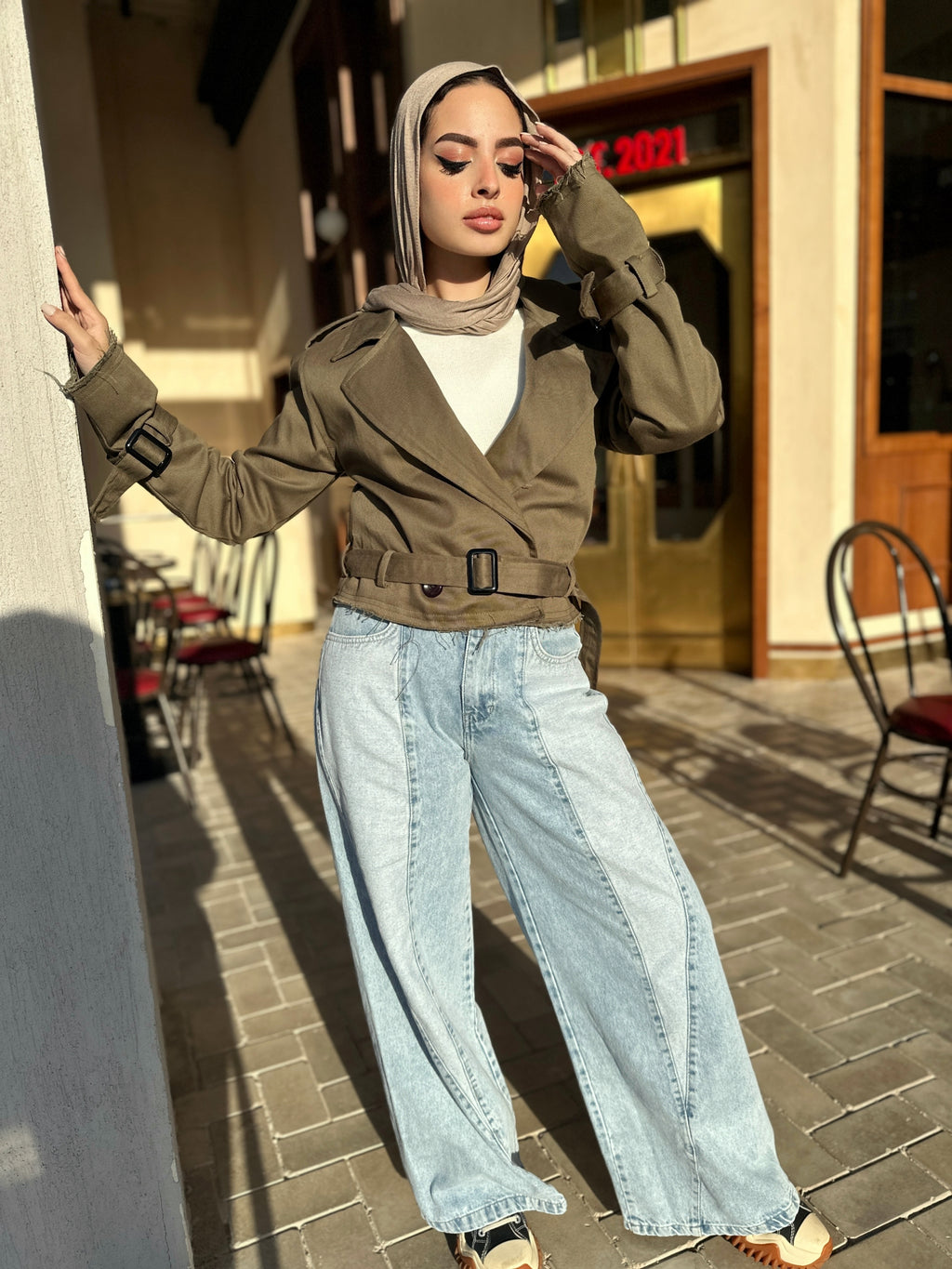 Raw Cropped Trench Olive