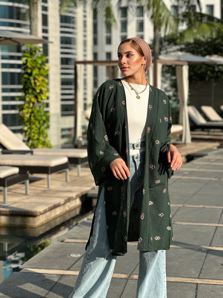 Embroidered Hex Kimono Emerald Green