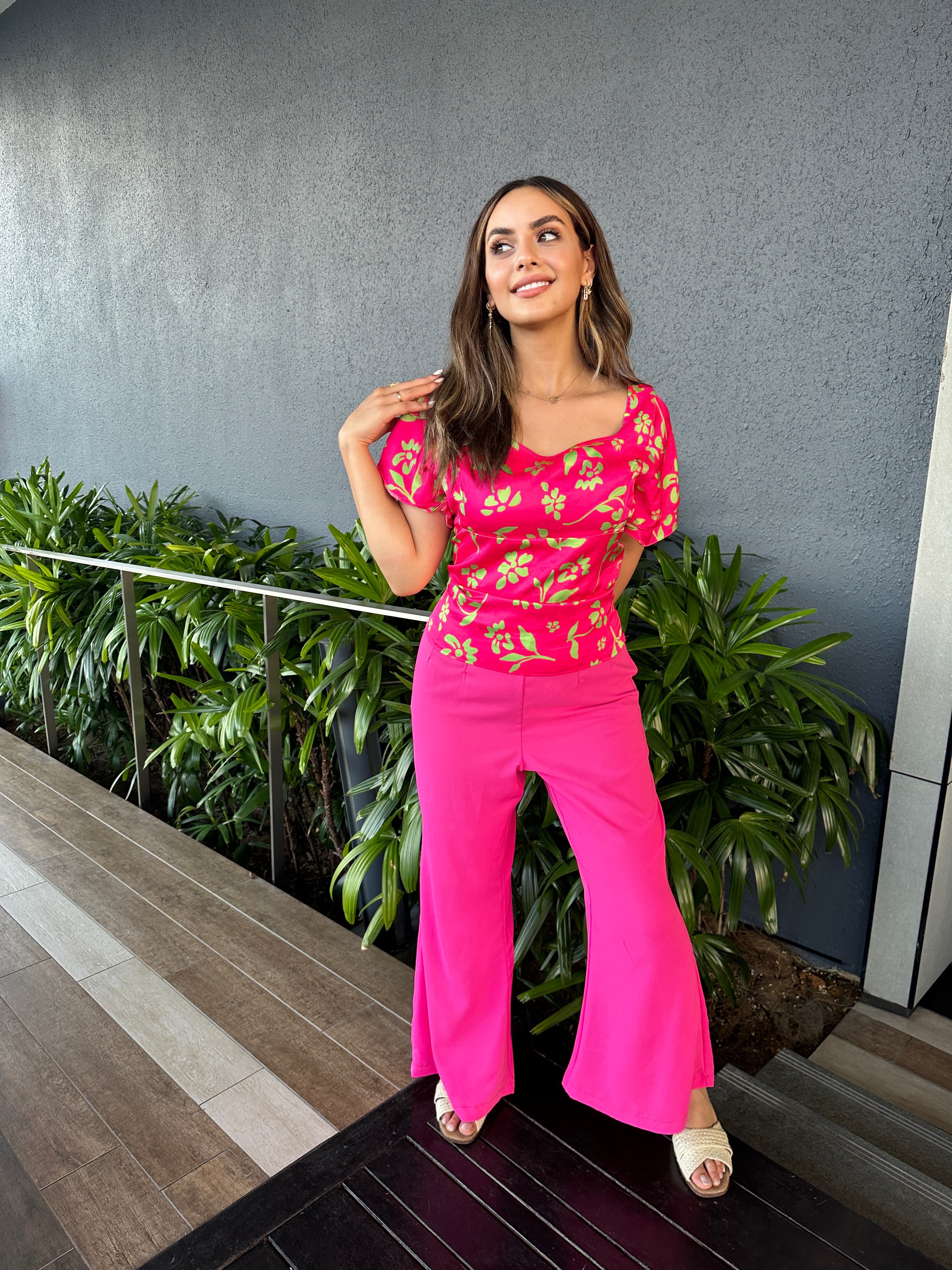 Neon Floral Half Sleeve Top