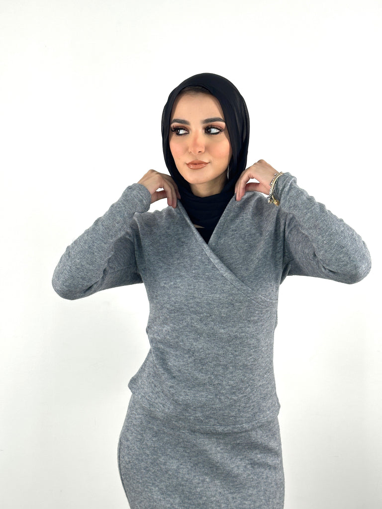Hooded Knit Top Grey