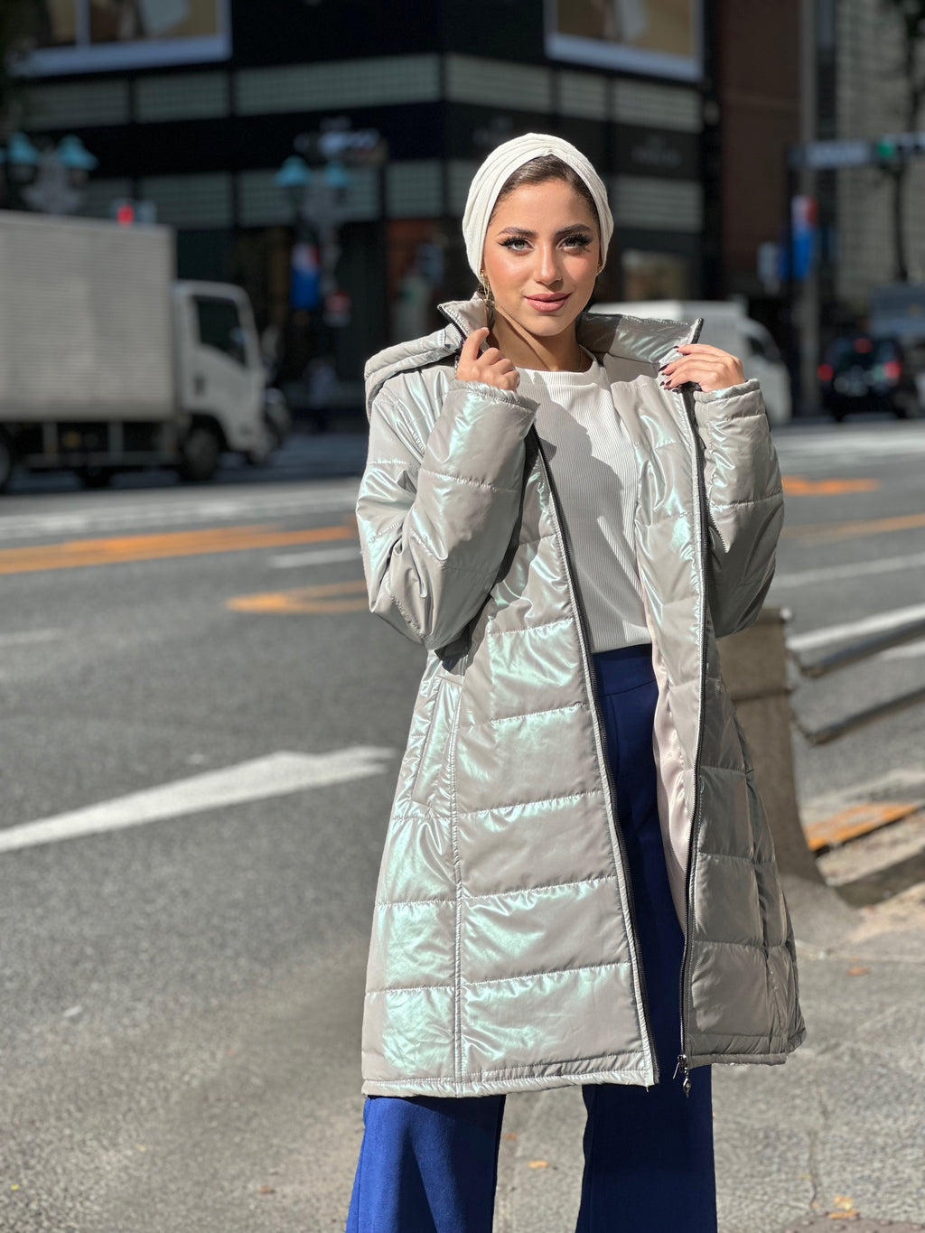 Relflecting Waterproof Long Jacket Silver
