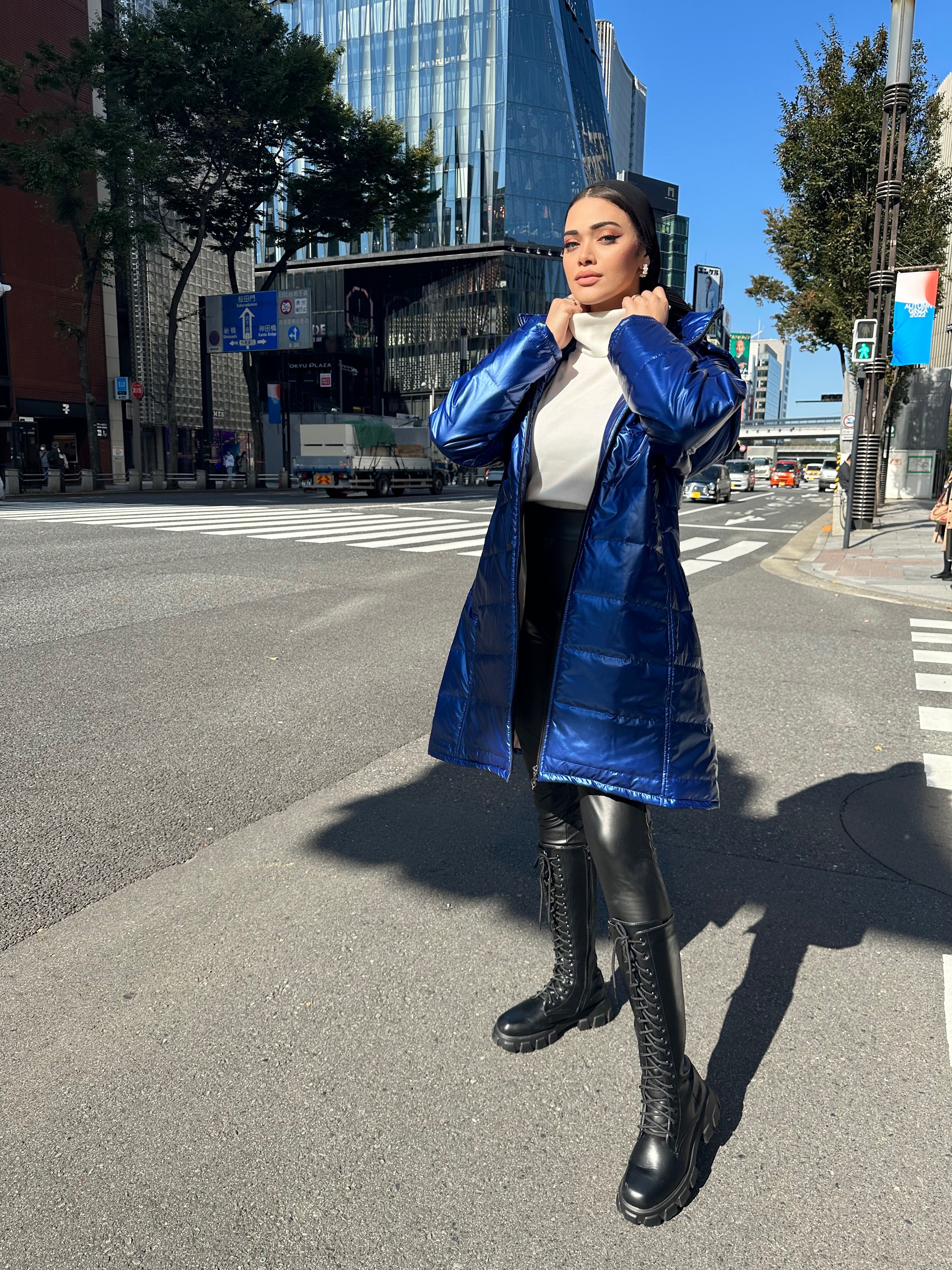 Relflecting Waterproof Long Jacket Royal Blue