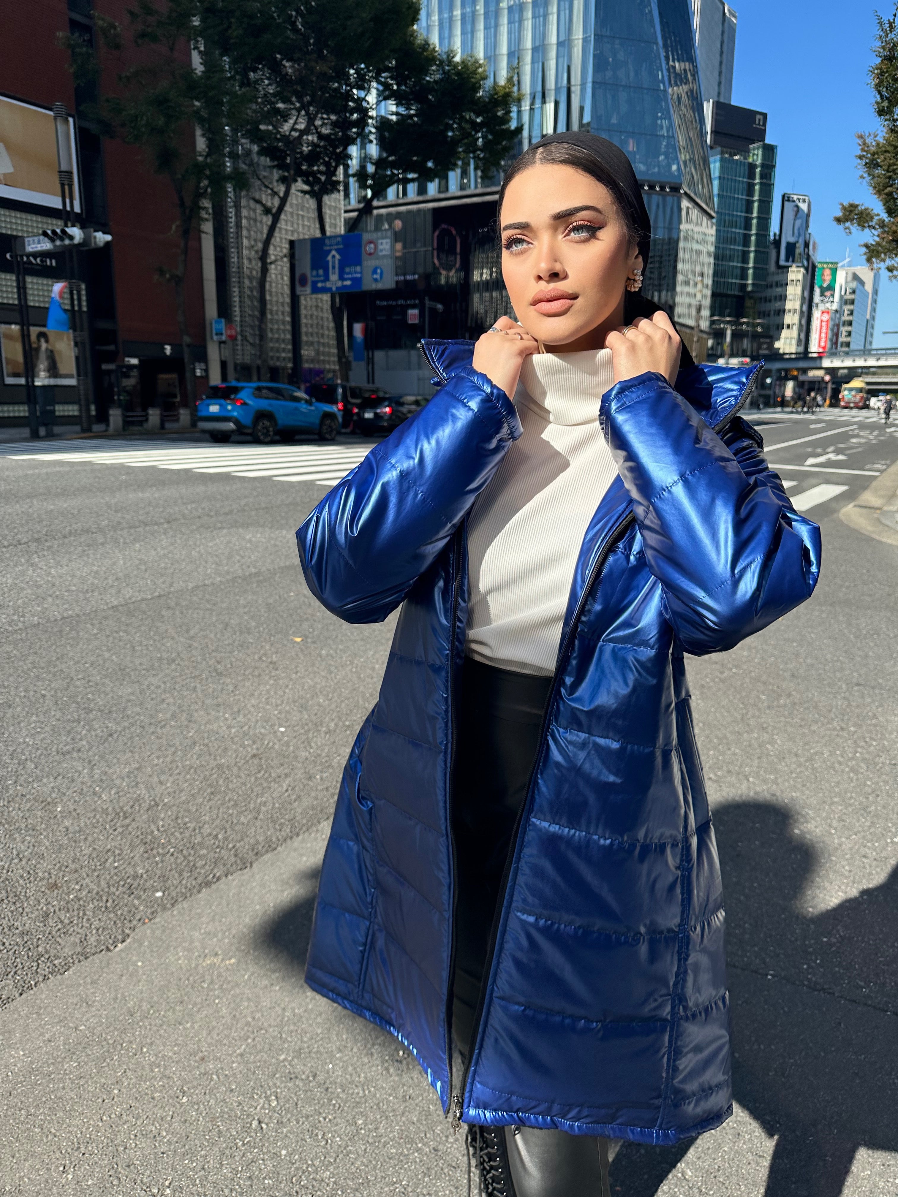 Relflecting Waterproof Long Jacket Royal Blue