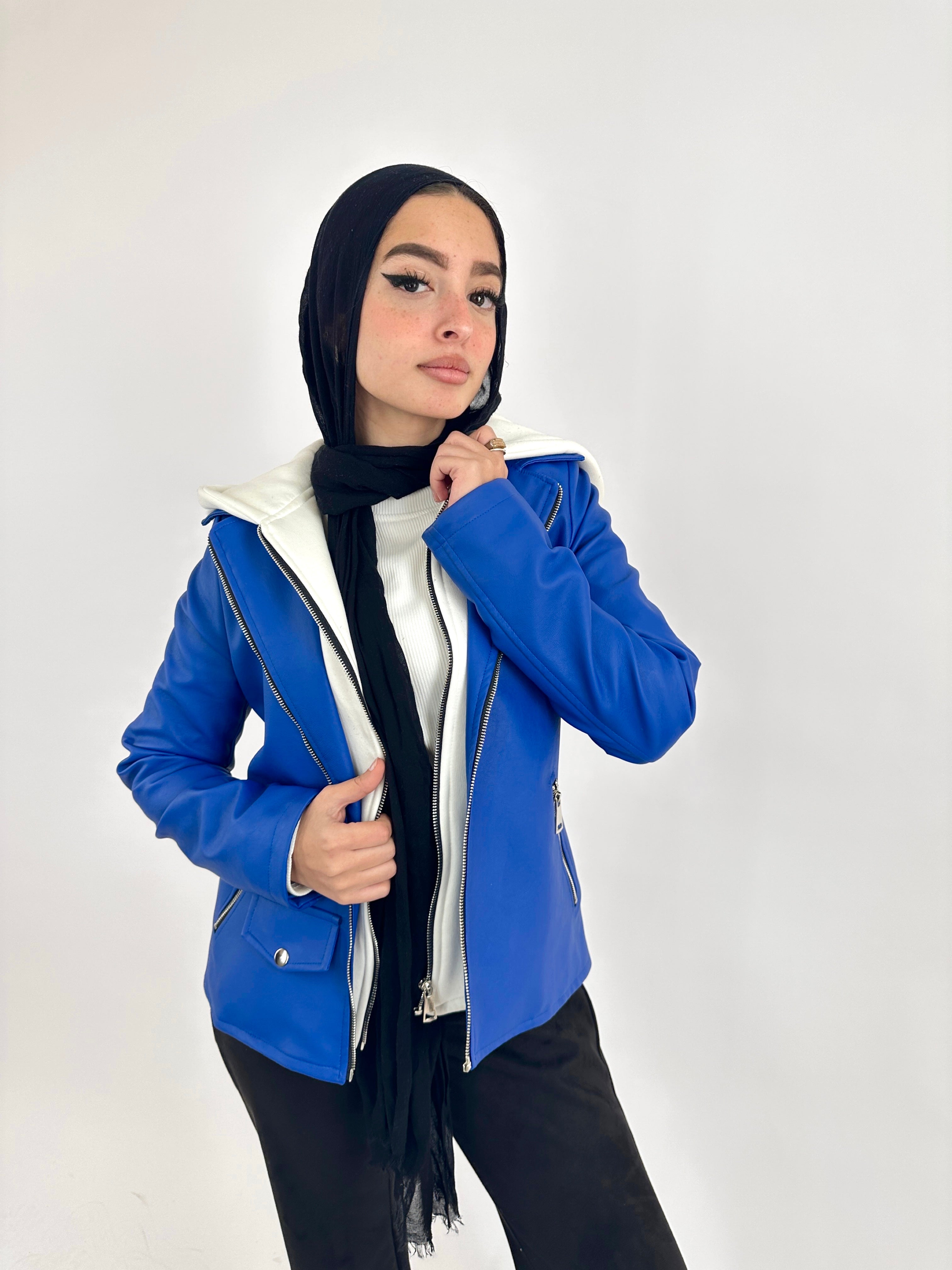 Hooded Leather Jacket Royal Blue