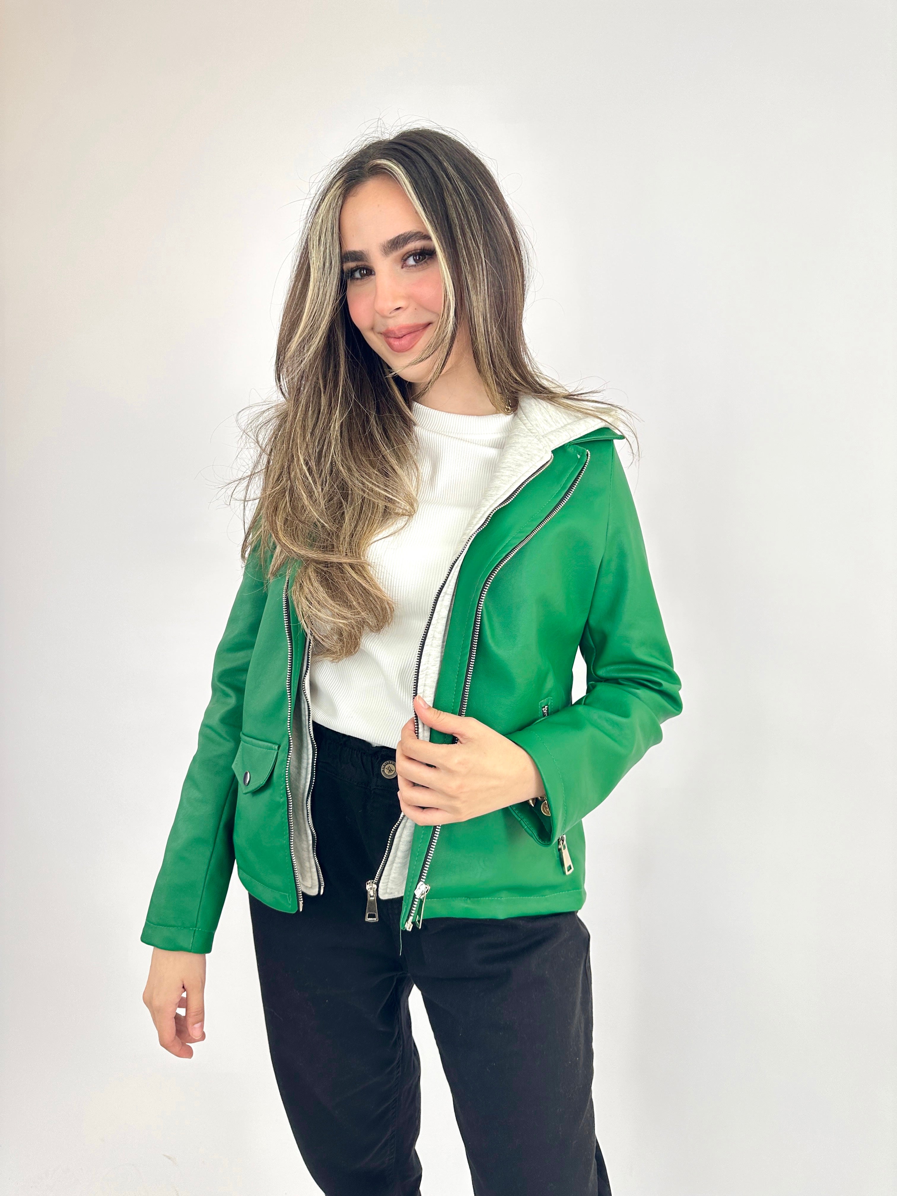 Hooded Leather Jacket Green