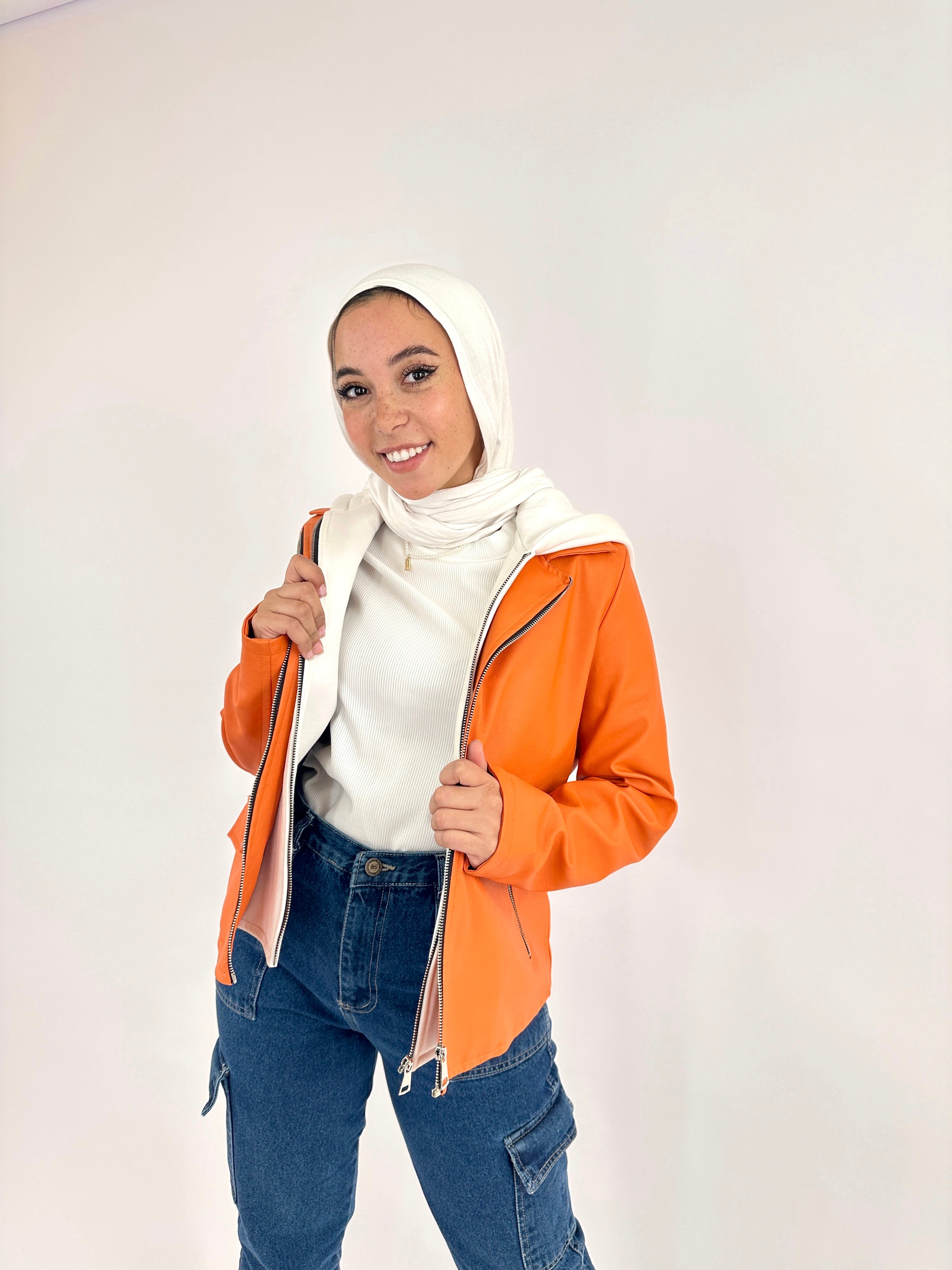 Hooded Leather Jacket Orange