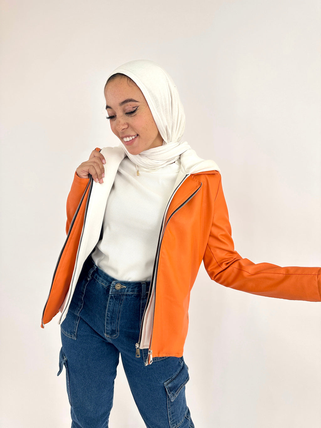 Hooded Leather Jacket Orange