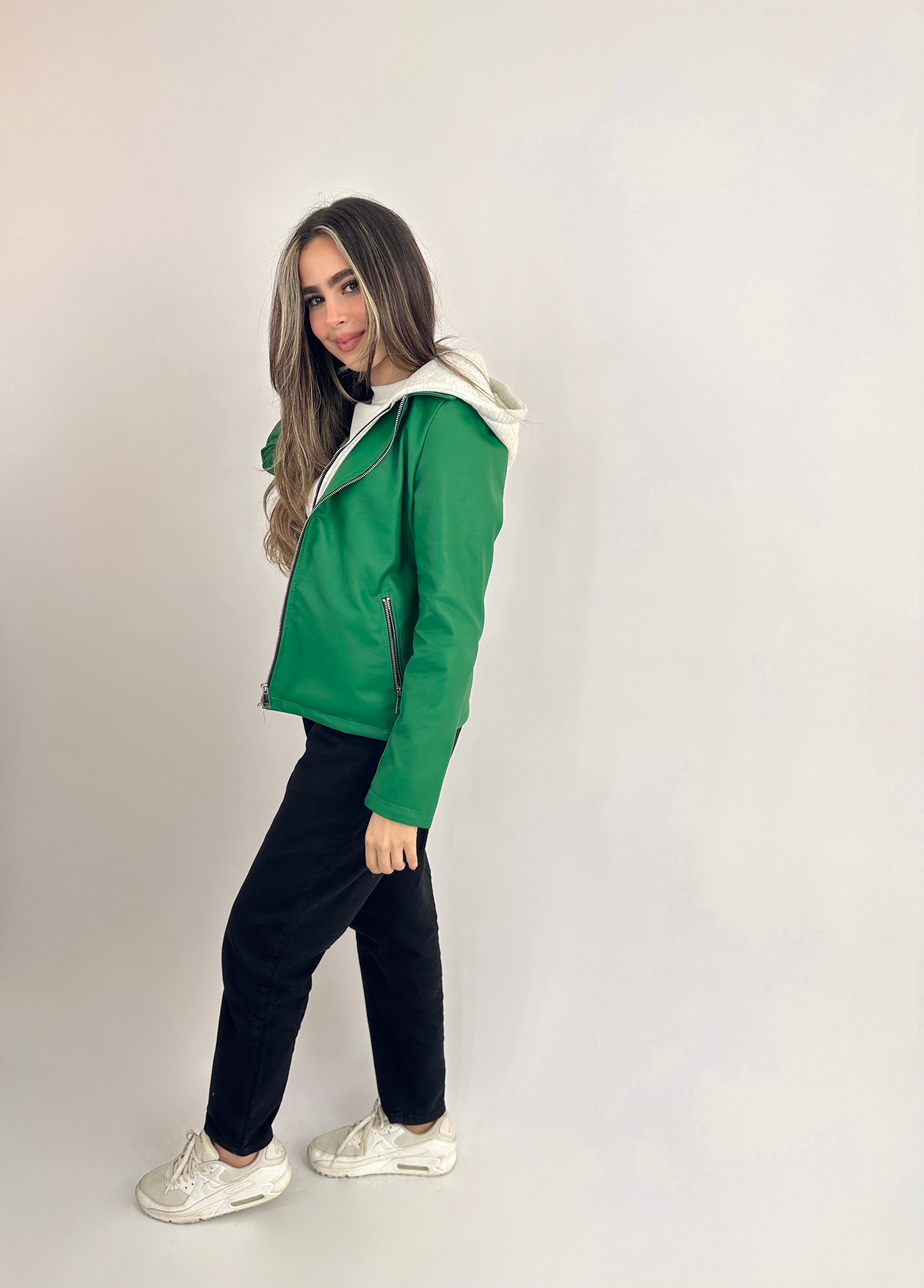 Hooded Leather Jacket Green