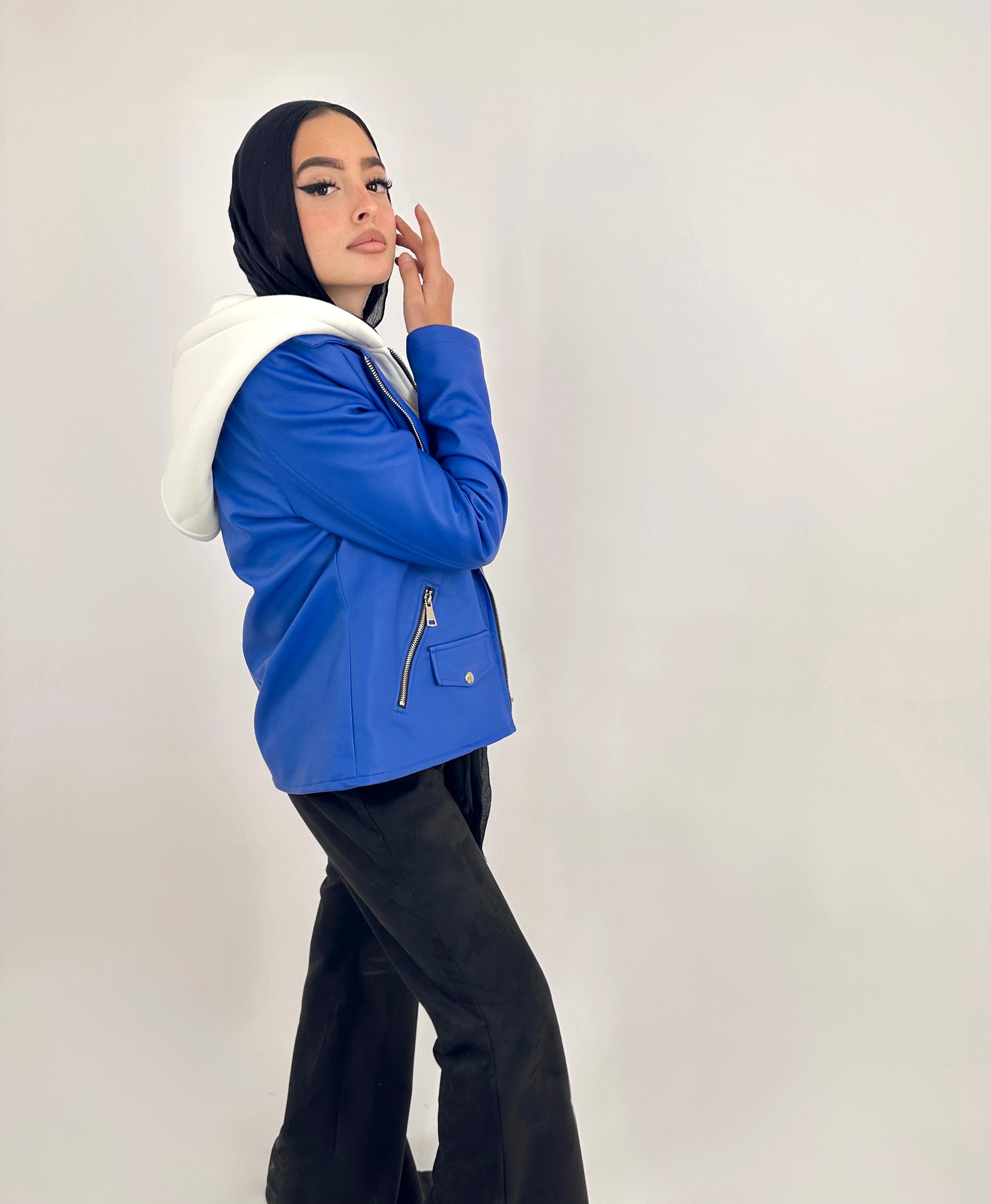 Hooded Leather Jacket Royal Blue