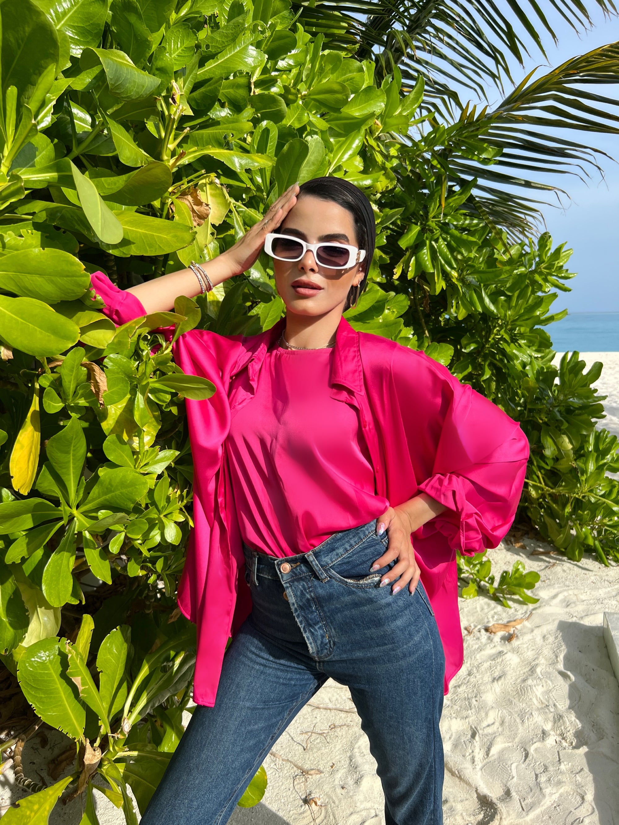 Silky Oversized Shirt Hot Pink